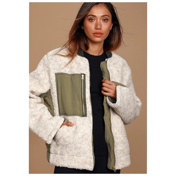 Free People Jackets & Blazers - Free People Rivington Olive Green and Ivory Sherpa Jacket Size Large